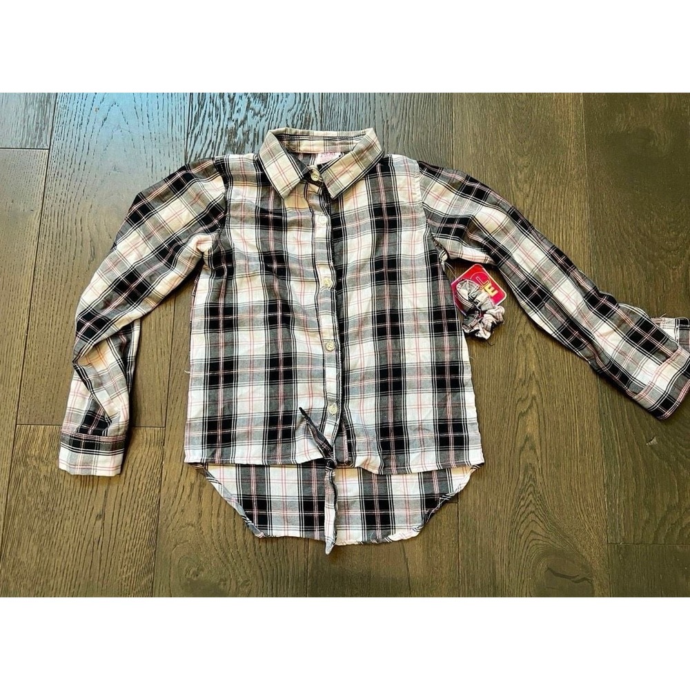 Real Love Plaid Flannel Shirt Girls 10/12 Tie Front Blouse scrunchie nwt
